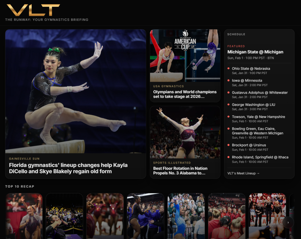 Website showing videos and social posts about gymnastics.